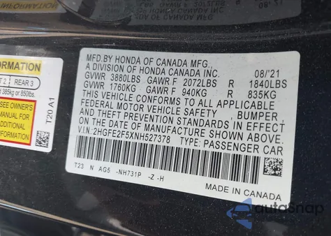 2022 Honda Civic Sport из США, поврежденный, VIN 2HGFE2F5XNH527378